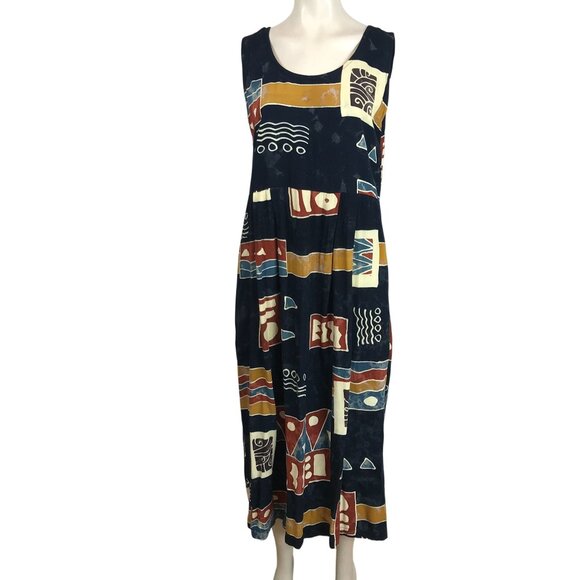 JAVA LAVA - WOMEN'S MEDIUM BLACK ABSTRACT SLEEVELESS ART TO WEAR DRESS - Picture 1 of 7